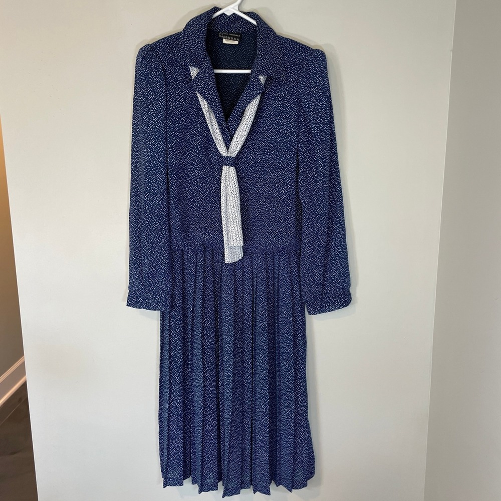 VTG Breli Originals Navy Polka Dot Pleated Midi Dress Scarf Bow Size 12
